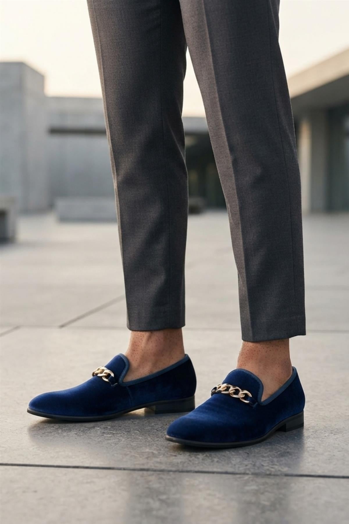Men's Navy Smooth Velvet Gold Chain Dress Loafers Sartorial Shoes