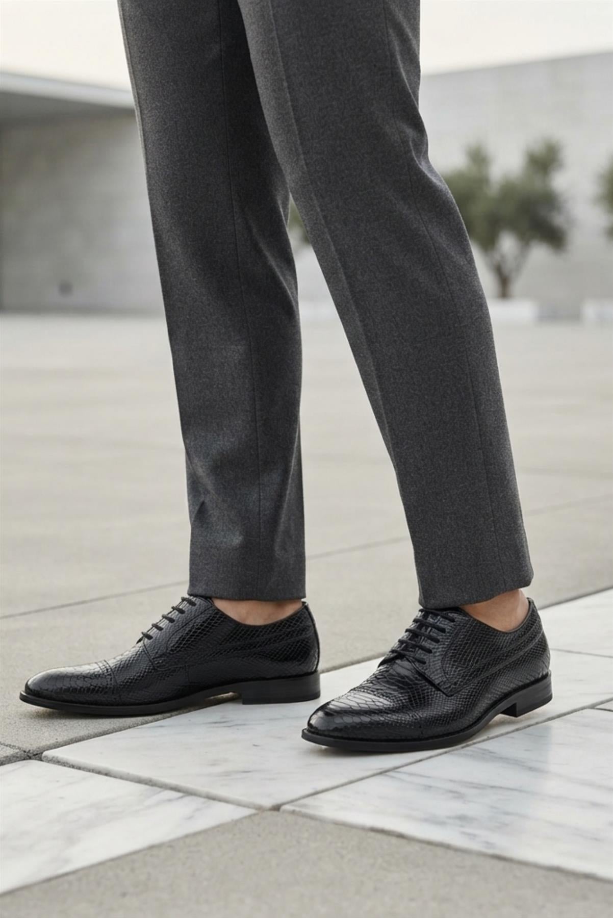 Men's Black Faux Leather Printed Derby Dress Shoes Sartorial Shoes