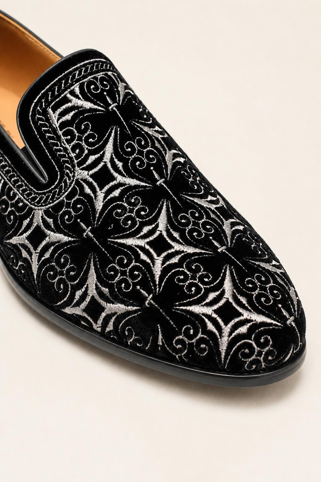 VITO Men’s Black Silver Embroidered Velvet Real Leather Party Loafers Sartorial Shoes