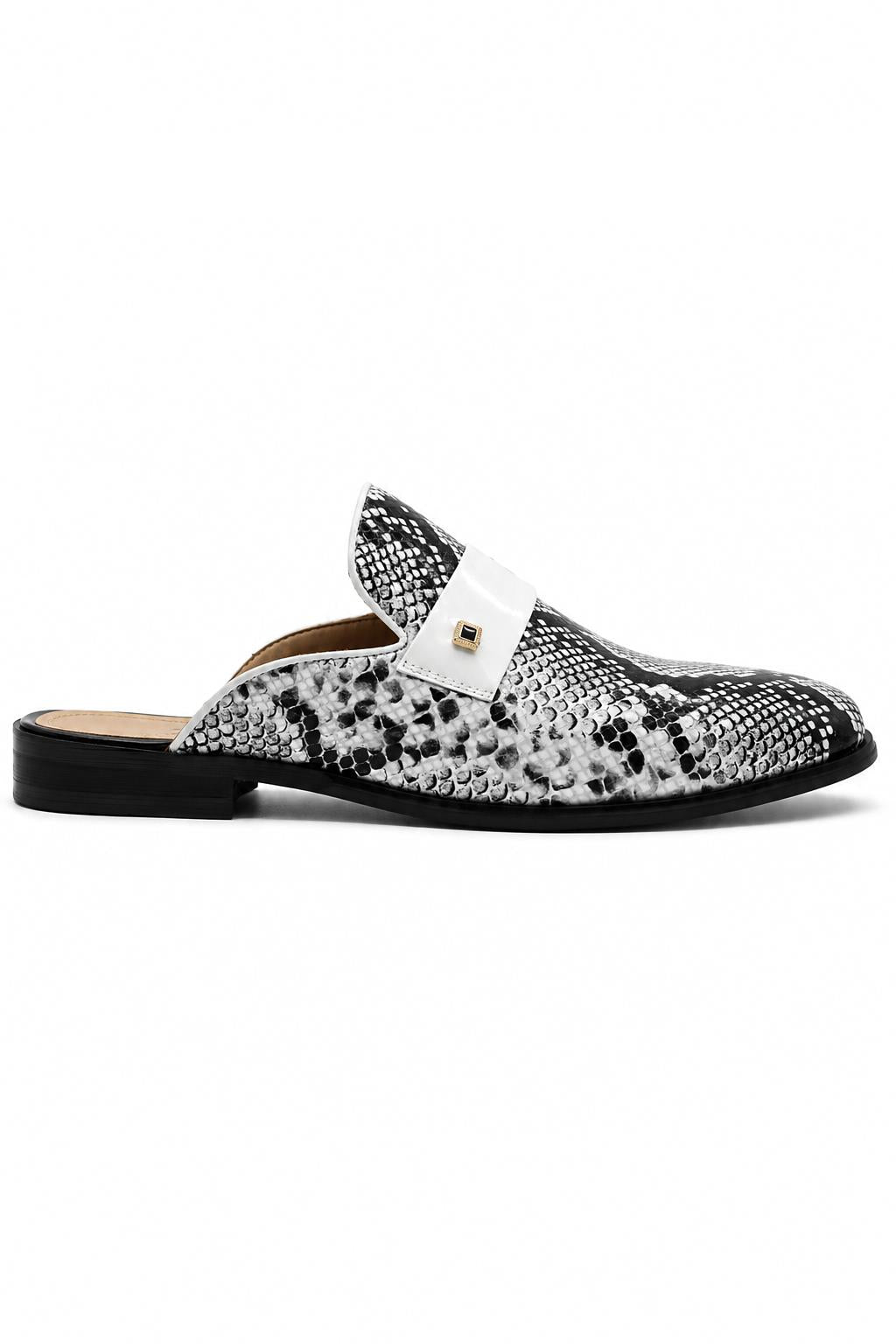 Men’s Black & White Shiny Patent Print Occasion Half Shoes Sartorial Shoes