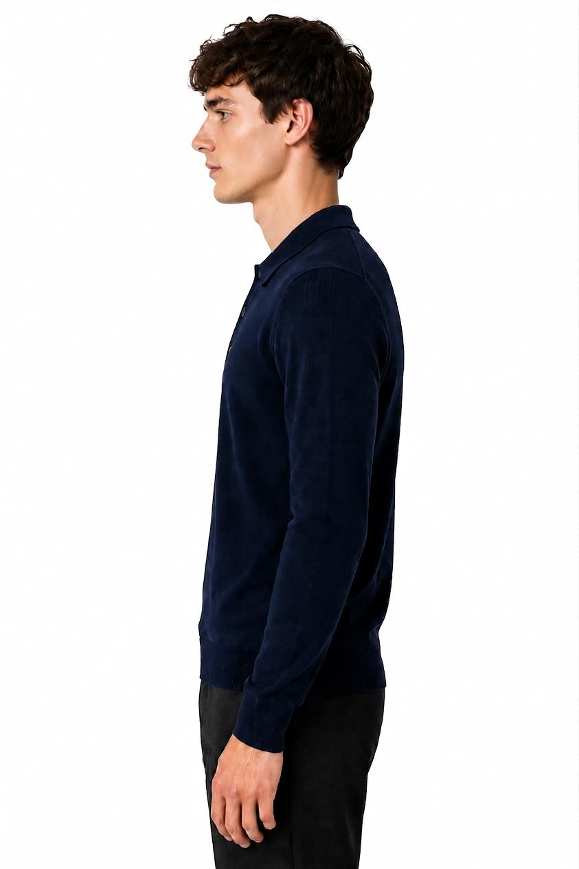 Men's Navy 100% Cotton Fine Knit Button Neck Polo Jumper CAVANI
