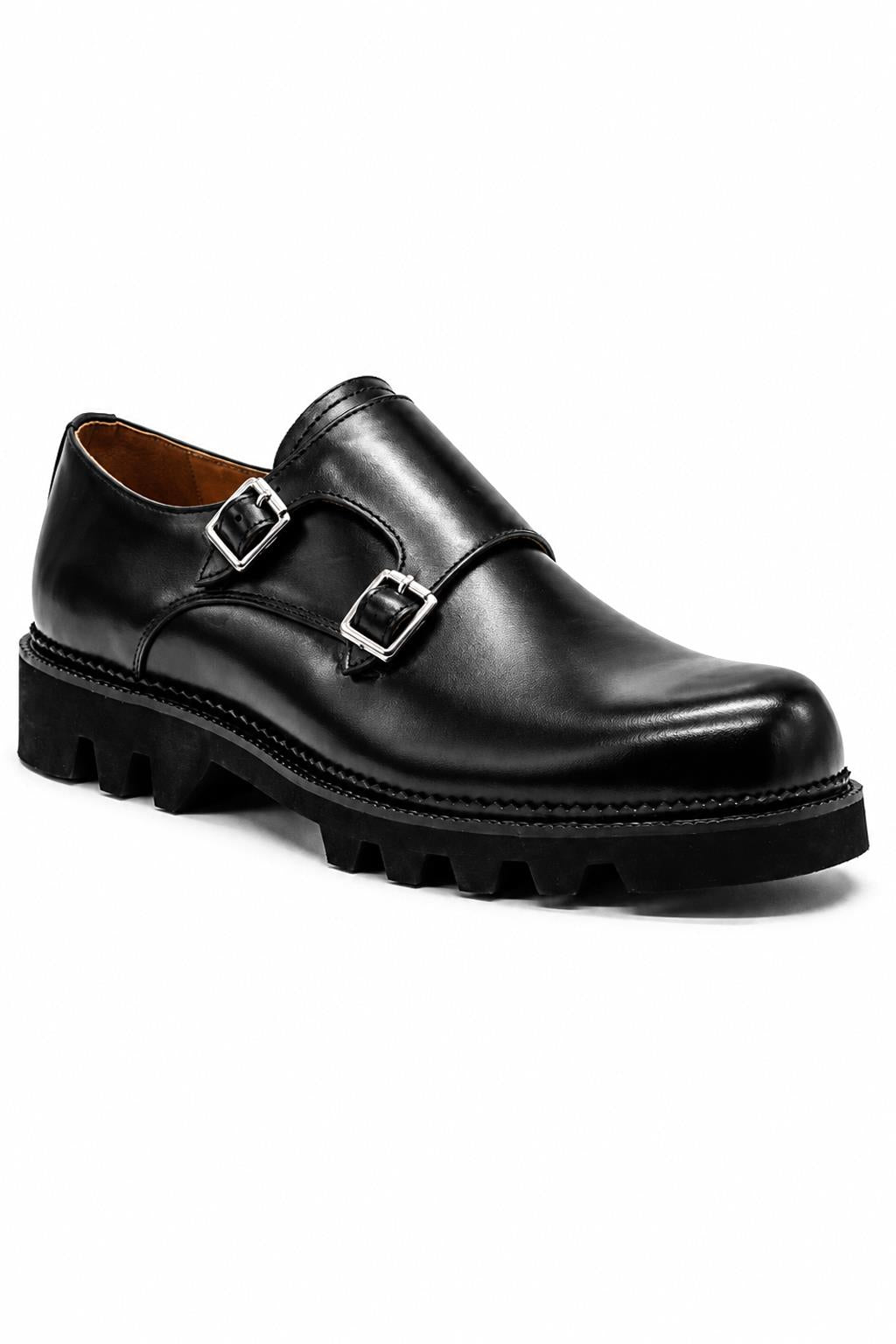 KNOX Men’s Black Leather Chunky Double Monk Strap Shoes Sartorial Shoes