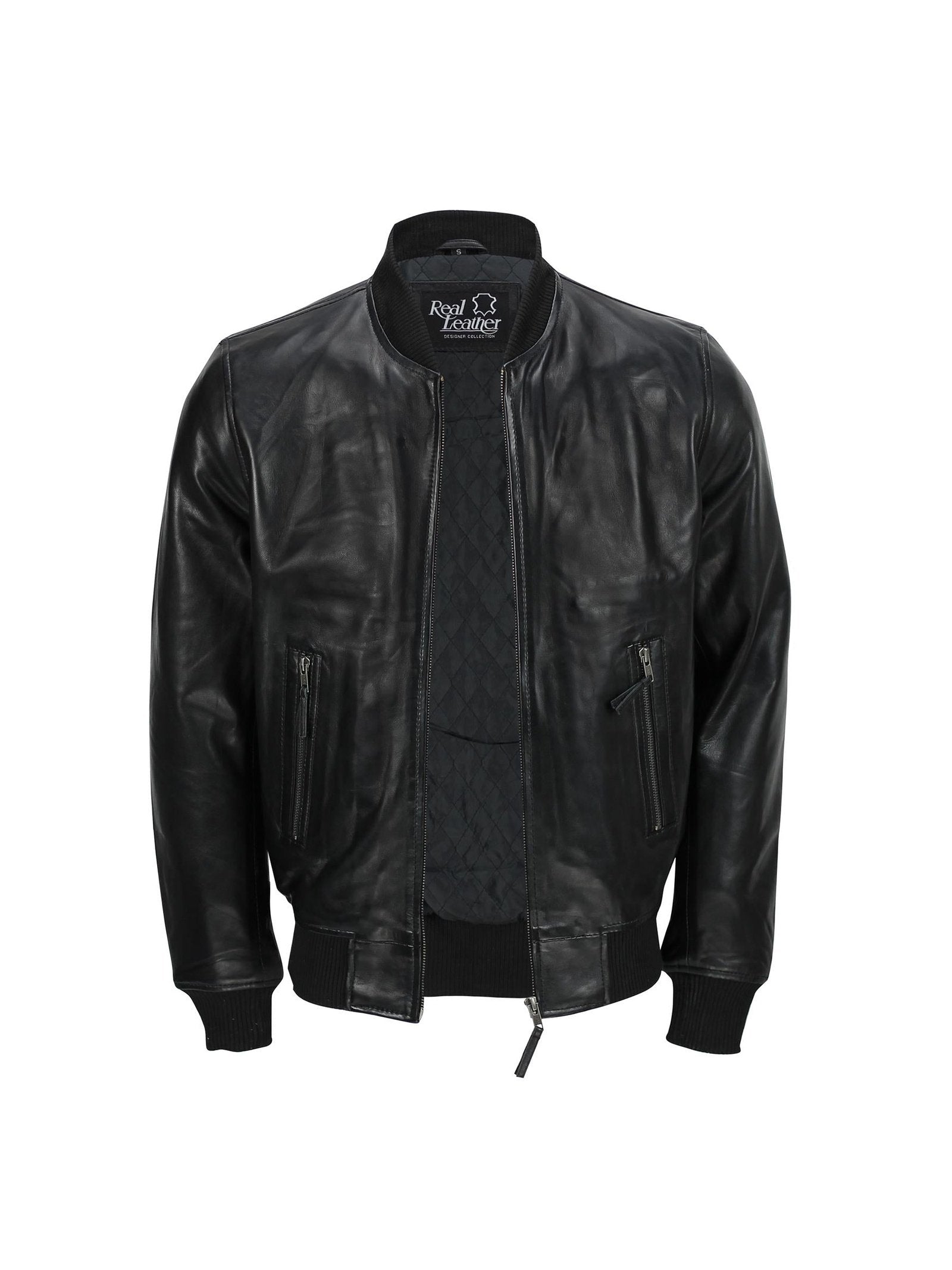 Mens Black Soft Real Leather Vintage Collar Bomber Style Biker Jacket