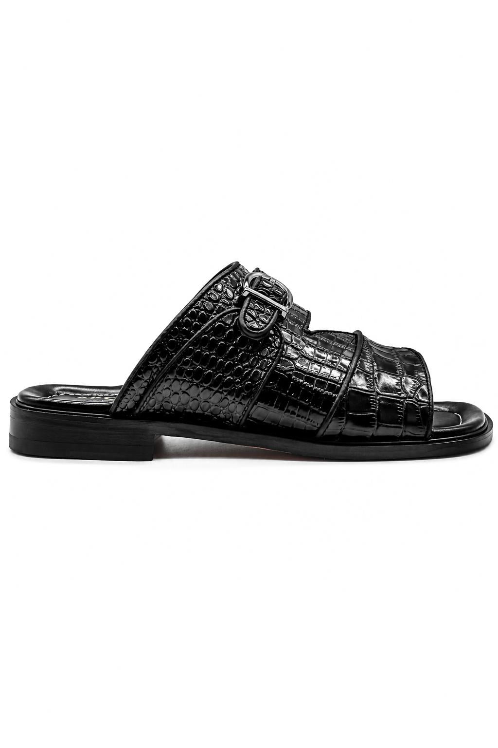 Men’s Ade 2 Black Handmade Real Leather Embossed Sandals Sartorial Shoes