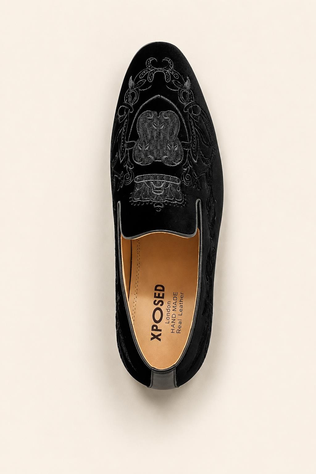 FRED Men’s Black Embroidered Velvet Party Loafers Sartorial Shoes