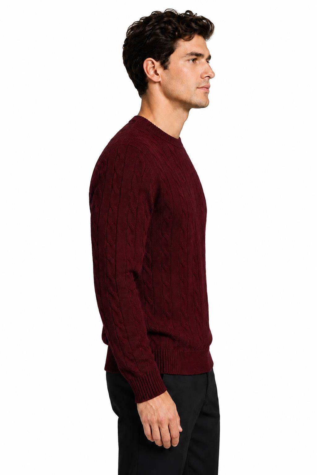 Men's Maroon 100% Cotton Fine Cable Knit Crew Neck Jumper CAVANI