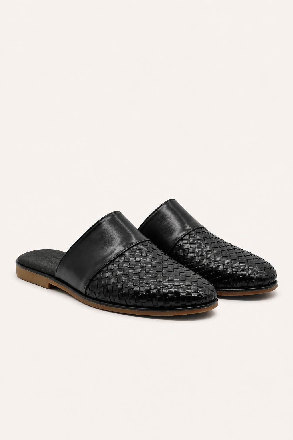 FINO Men’s Black Woven Leather Mule Slippers Sartorial Shoes