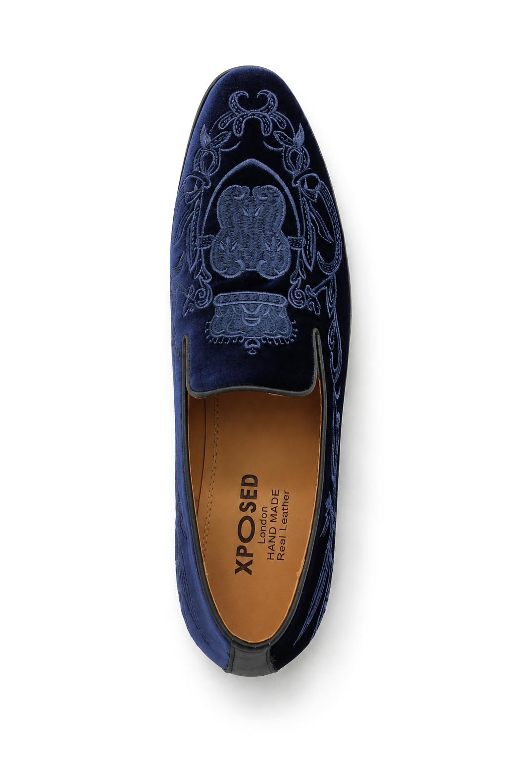 FRED Men’s Navy Blue Embroidered Velvet Party Loafers Sartorial Shoes