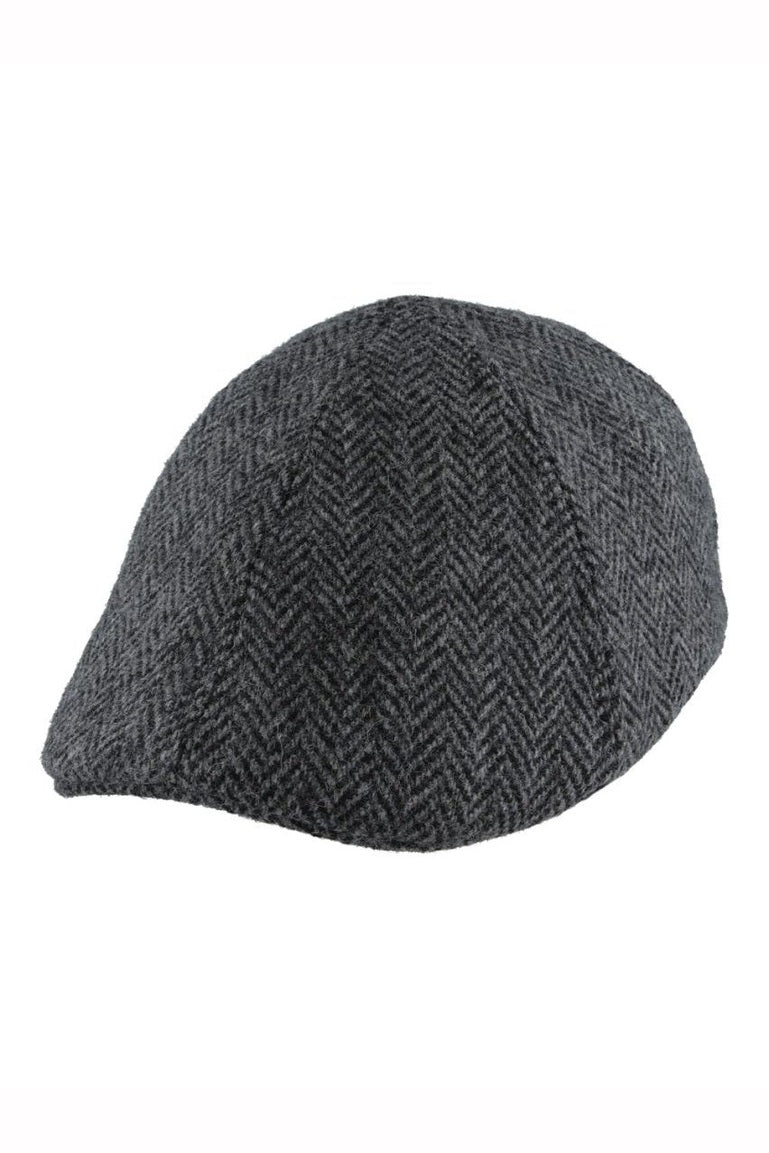 GREY PURE WOOL HERRINGBONE DUCKBILL FLAT CAP