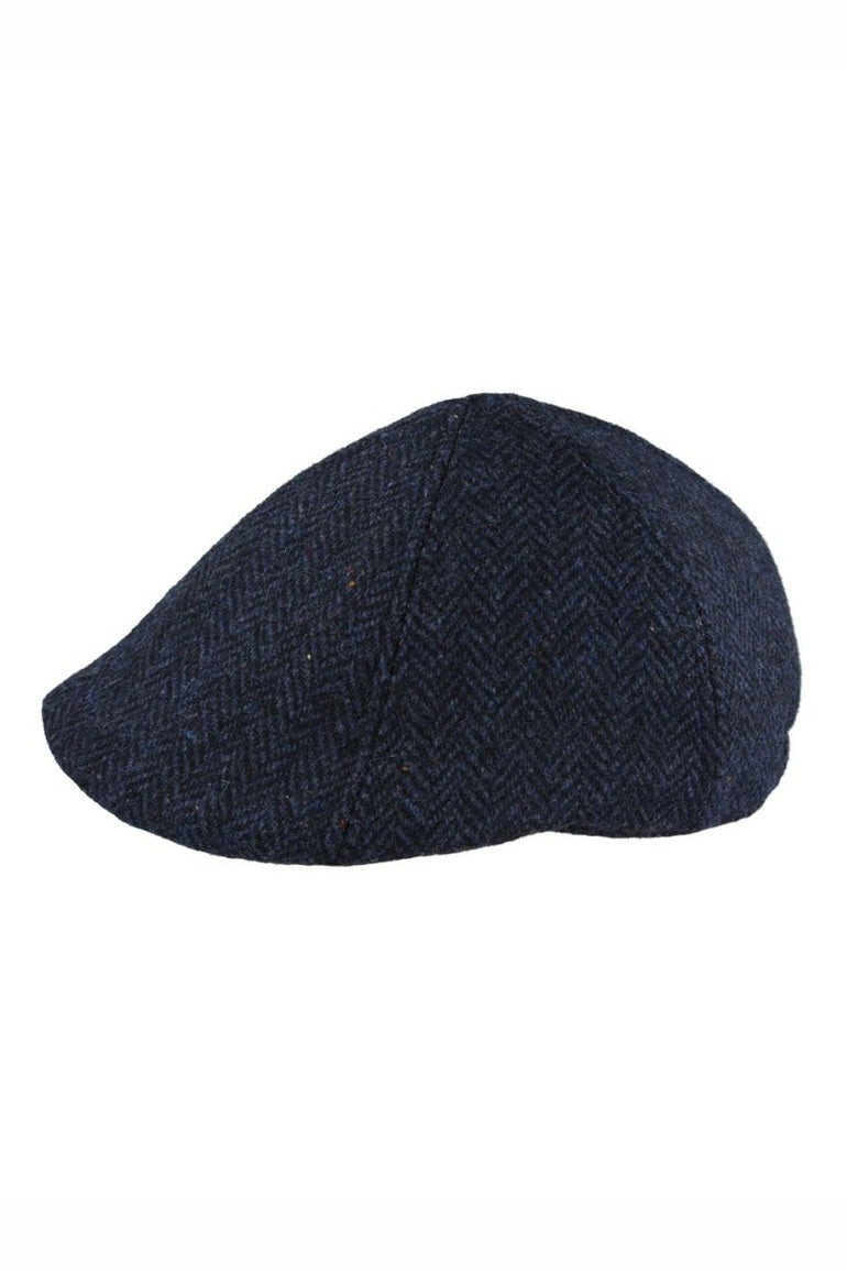 NAVY PURE WOOL HERRINGBONE DUCKBILL FLAT CAP