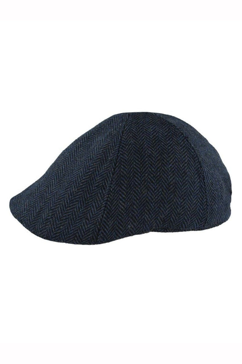 NAVY WOOL BLEND HERRINGBONE DUCKBILL FLAT CAP