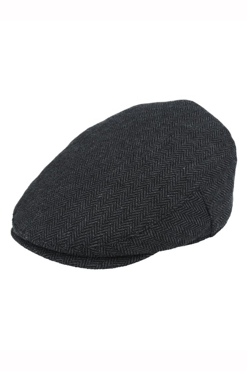 GREY HERRINGBONE WOOL BLEND FLAT CAP