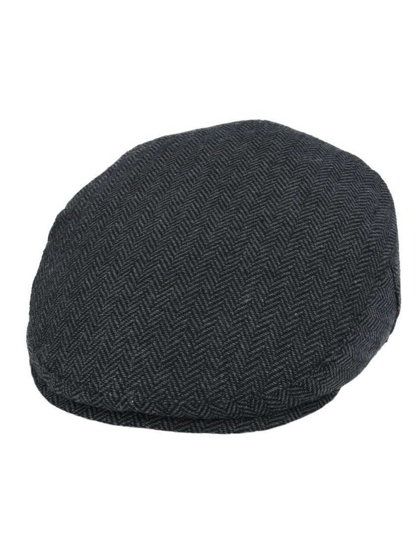 GREY HERRINGBONE WOOL BLEND FLAT CAP