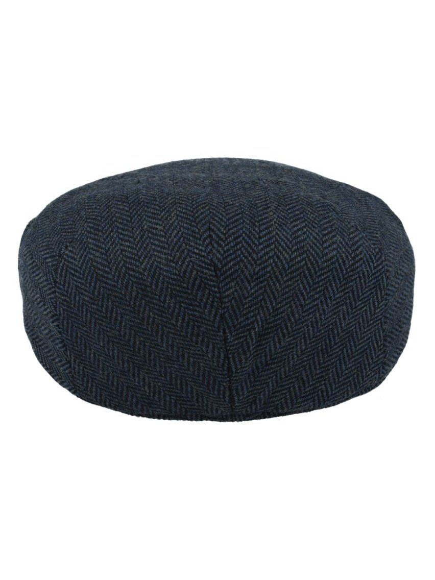 NAVY HERRINGBONE WOOL BLEND FLAT CAP