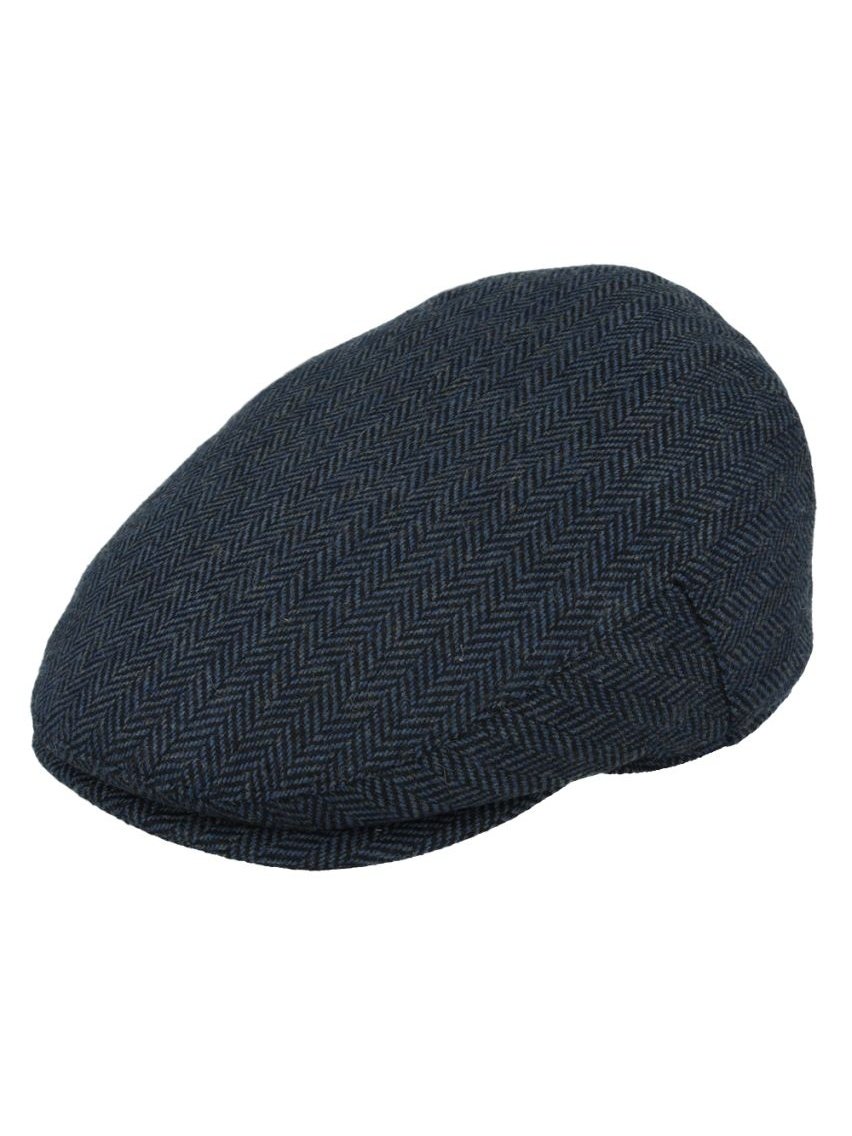 NAVY HERRINGBONE WOOL BLEND FLAT CAP