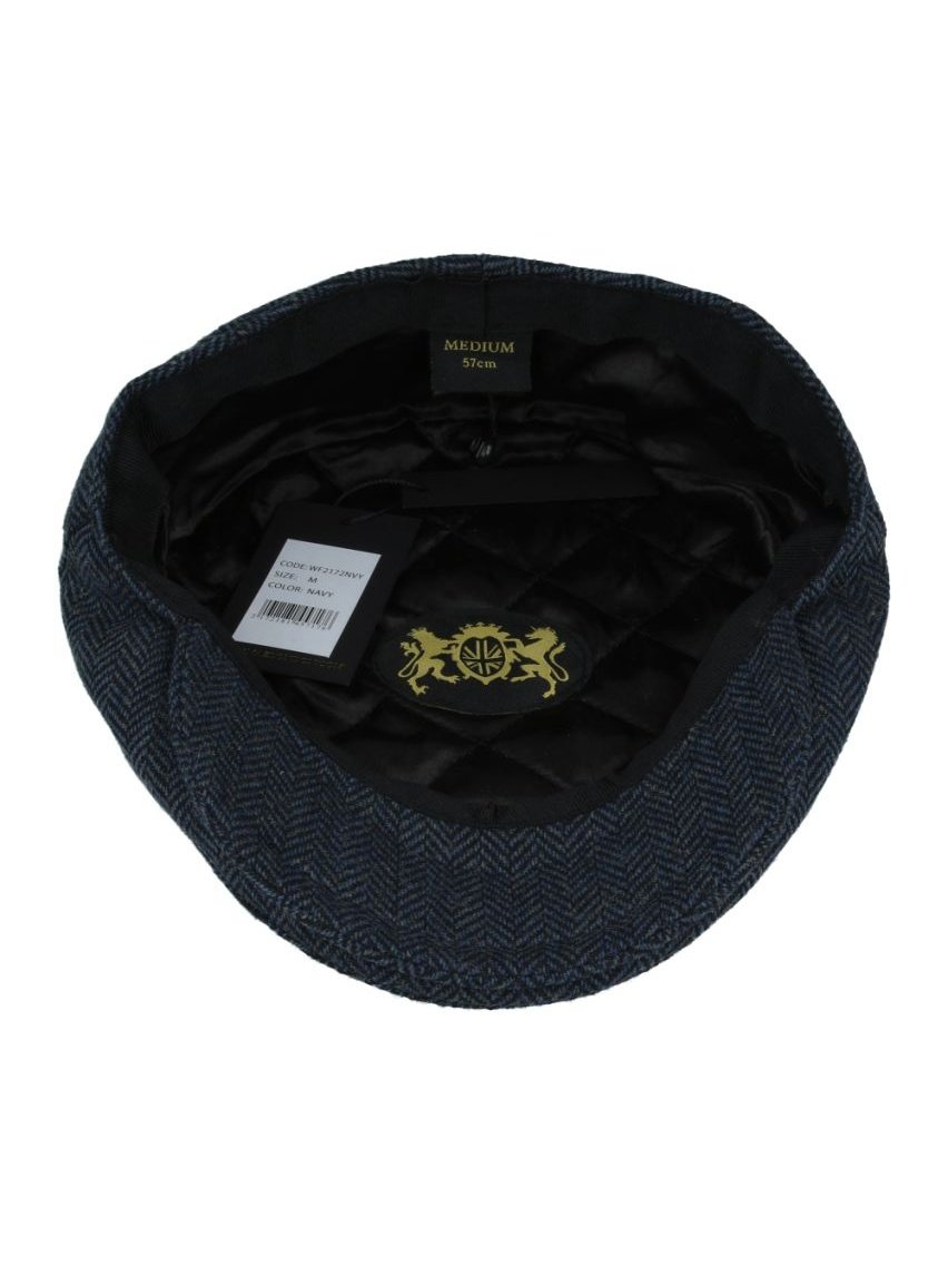 NAVY HERRINGBONE WOOL BLEND FLAT CAP