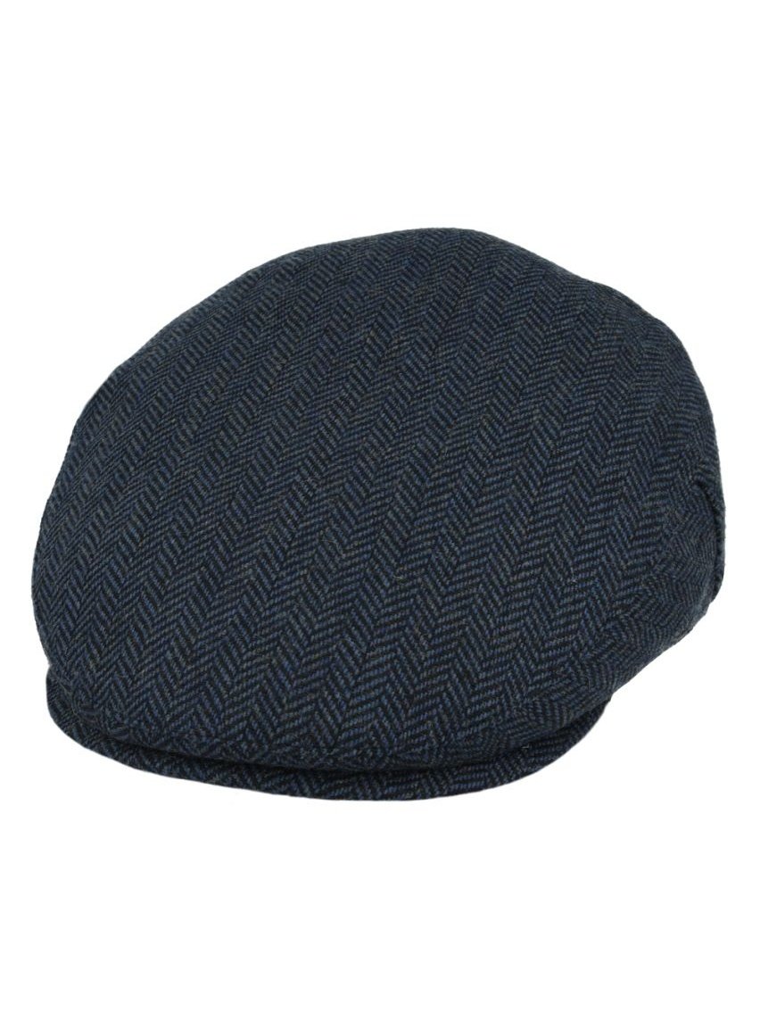 NAVY HERRINGBONE WOOL BLEND FLAT CAP