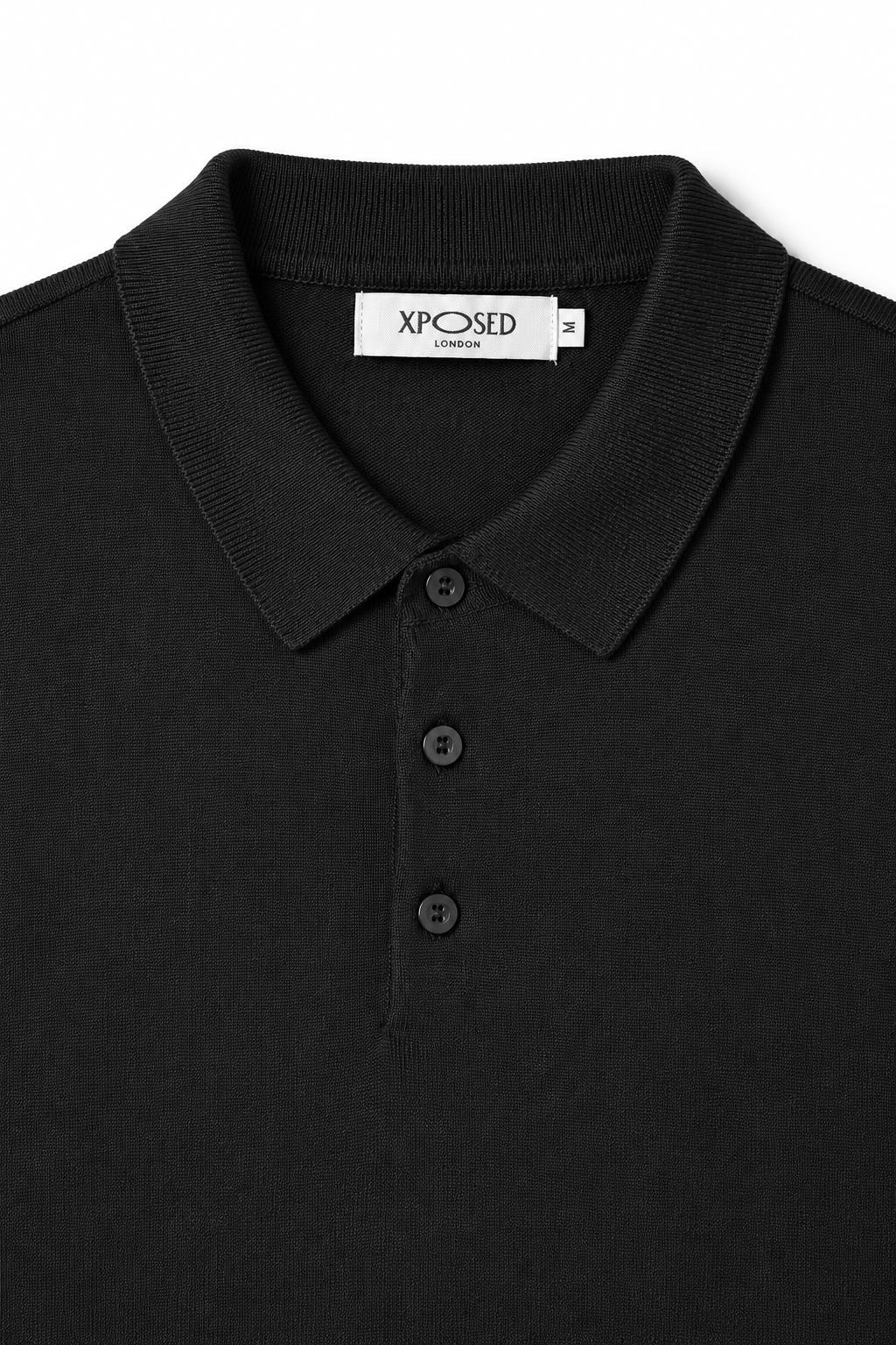 Men's Black 100% Cotton Fine Knit Button Neck Polo Jumper CAVANI