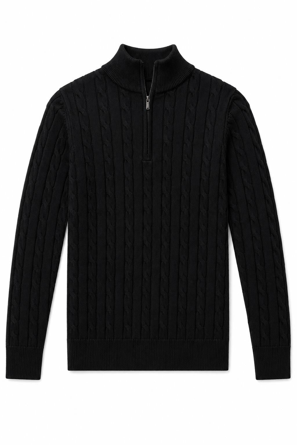 Men's Black 100% Cotton Fine Cable Knit Quarter Zip Neck Jumper CAVANI