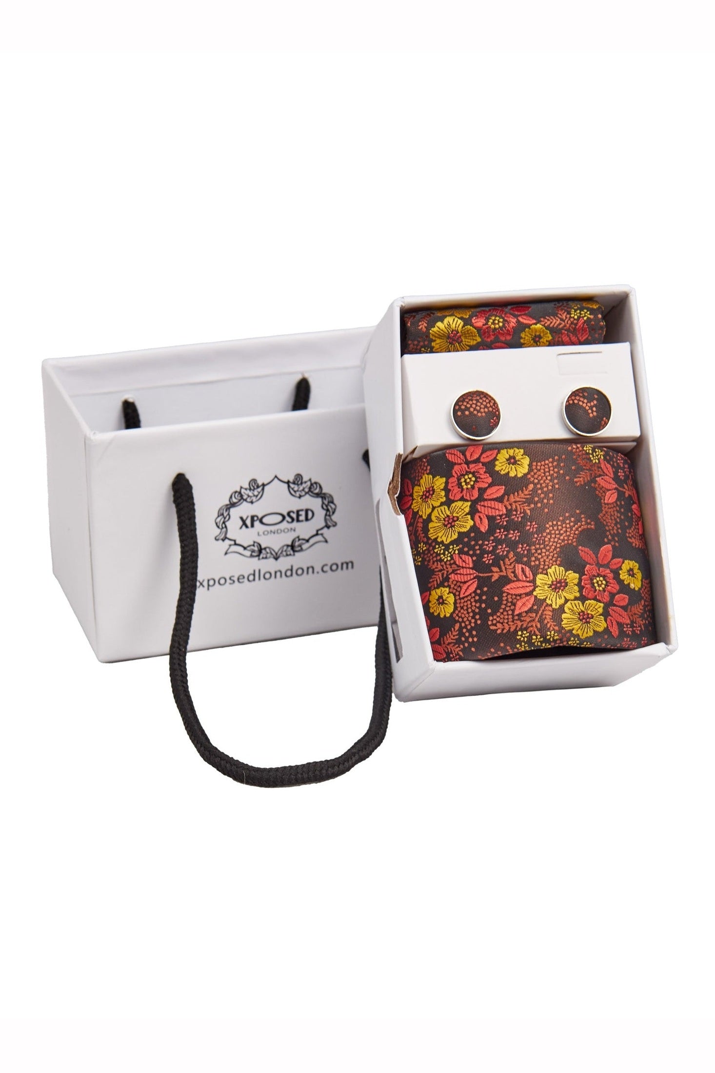 BROWN FLORAL PRINT NECK TIE SET