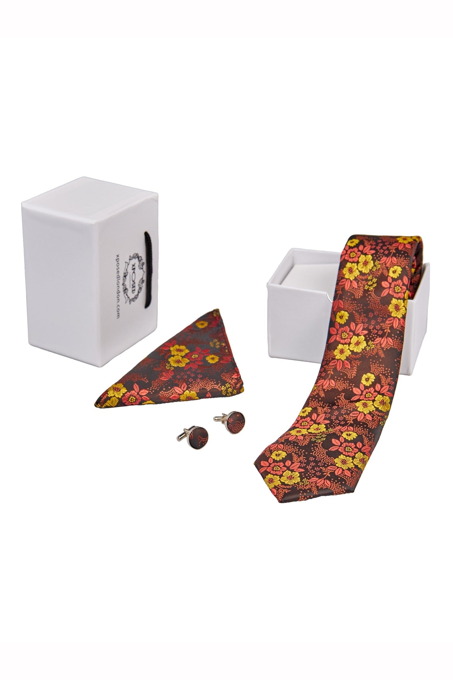 BROWN FLORAL PRINT NECK TIE SET