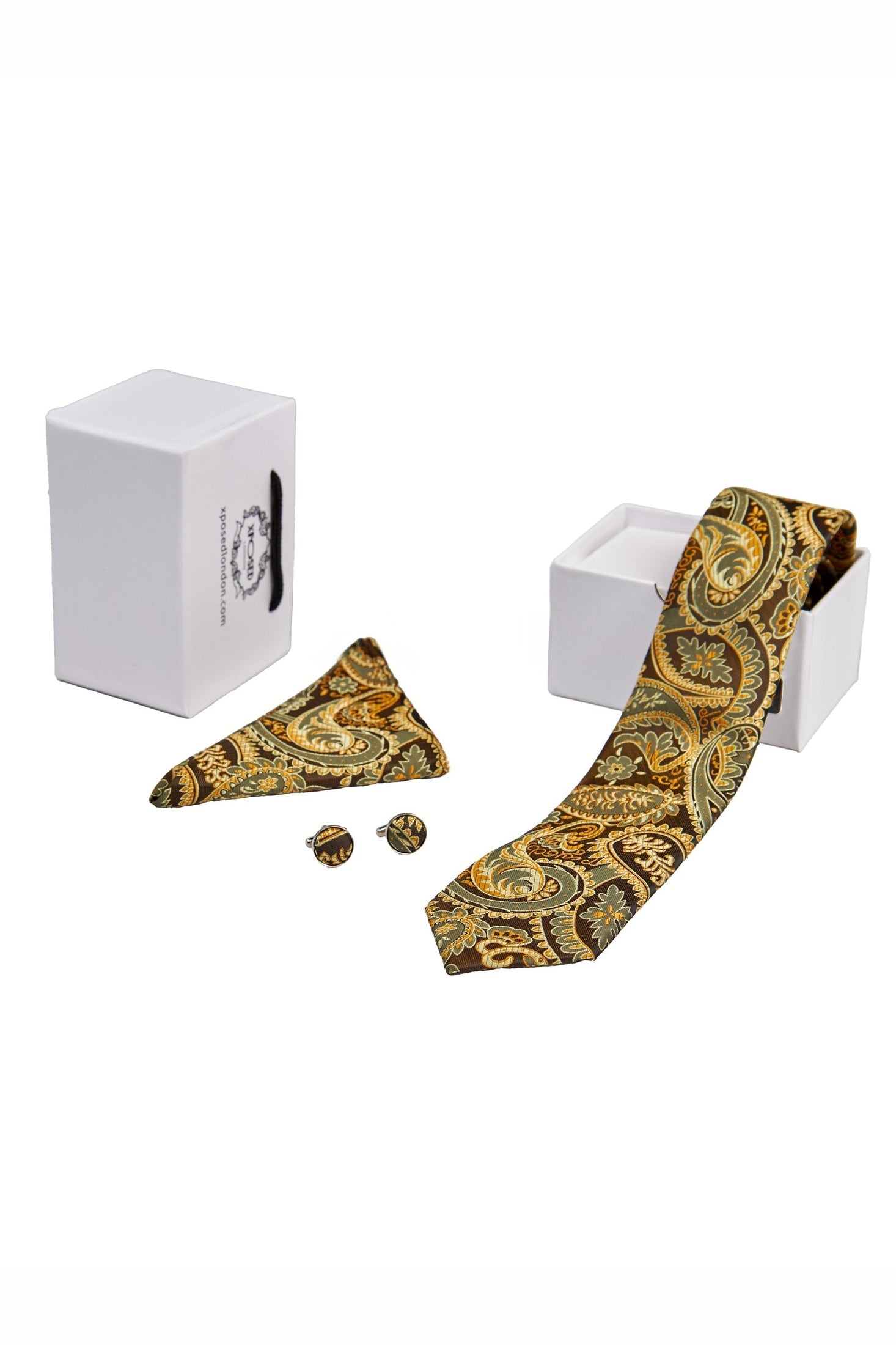 BROWN GOLD FLORAL PAISLEY NECK TIE SET