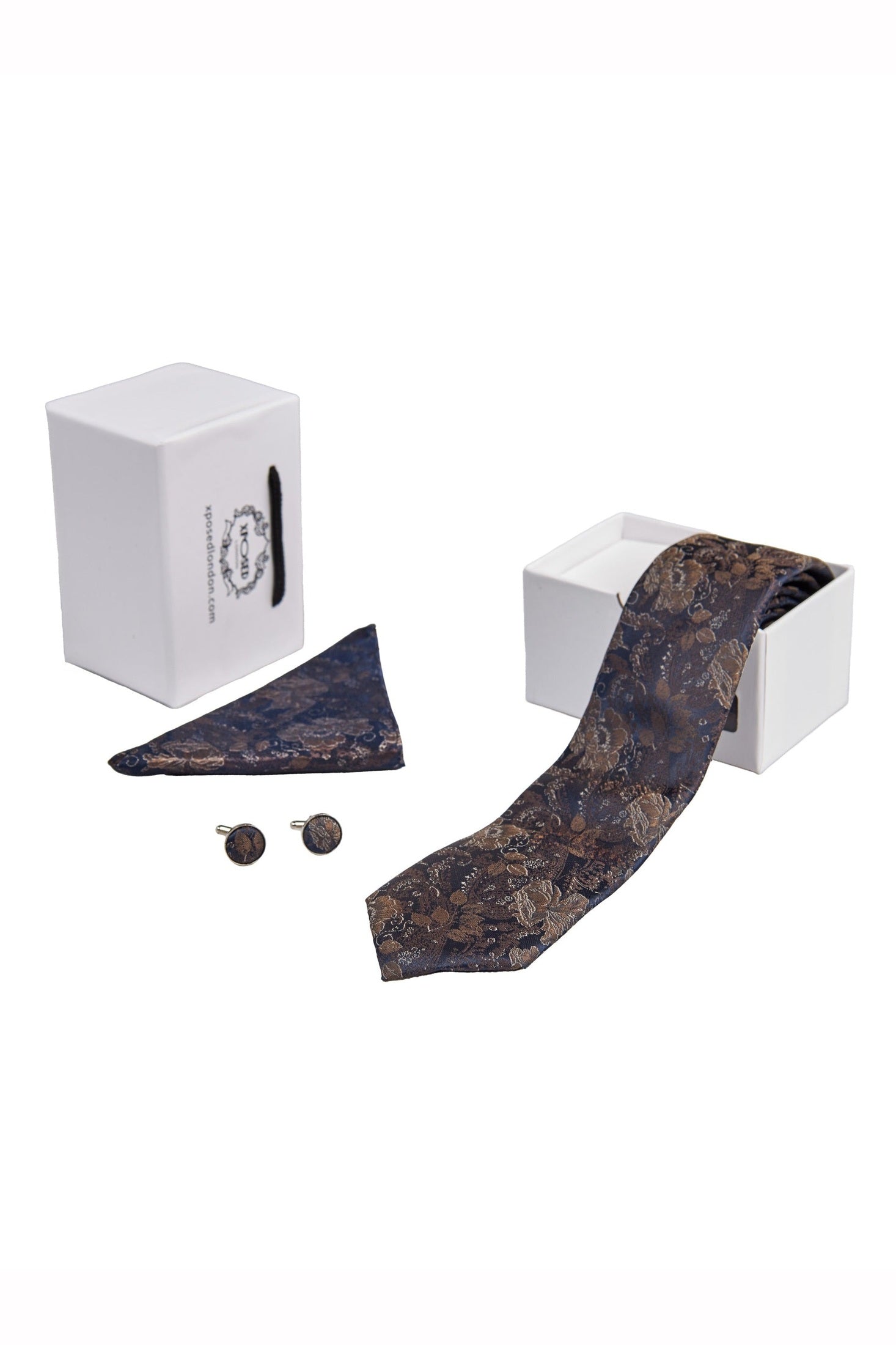 BROWN FLORAL FOLIAGE PRINT NECK TIE SET