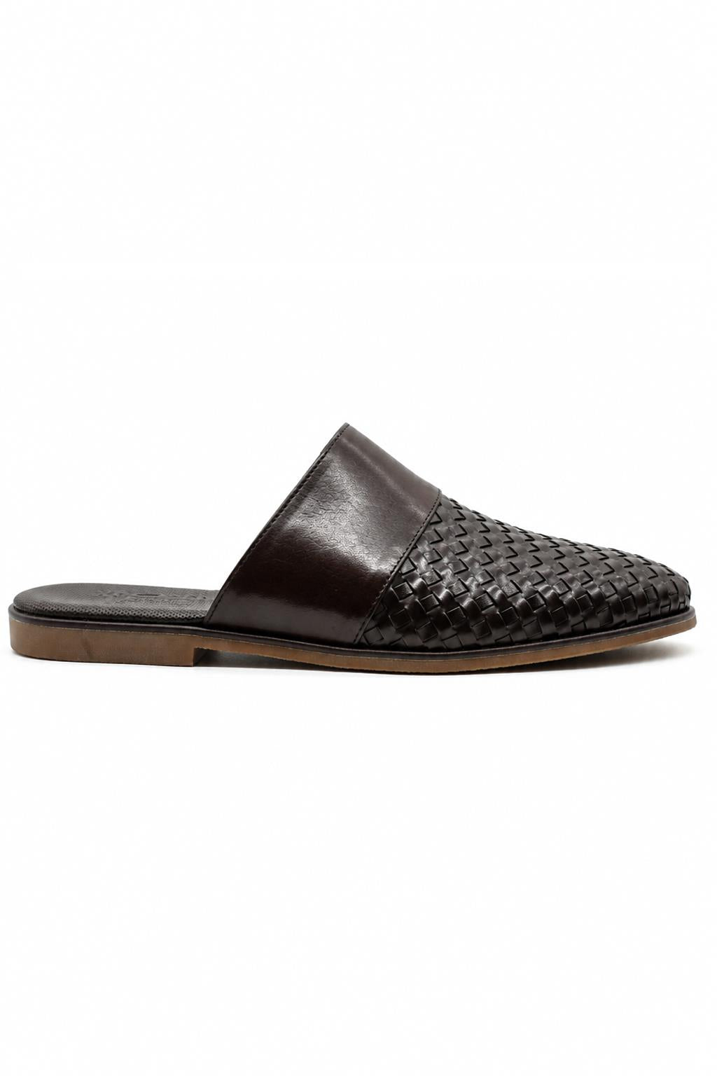 FINO Men’s Coffee Brown Woven Leather Mule Slippers Sartorial Shoes