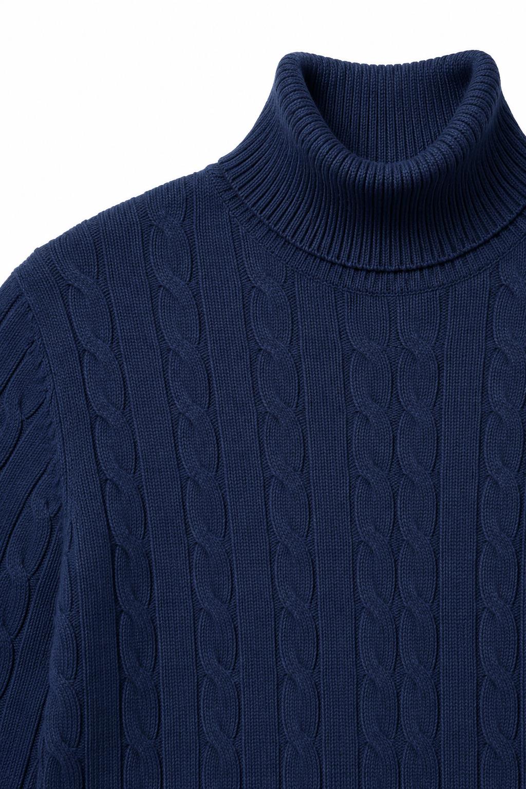 Men's Navy 100% Cotton Fine Cable Knit Roll Neck Jumper CAVANI