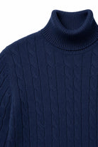 Men's Navy 100% Cotton Fine Cable Knit Roll Neck Jumper CAVANI