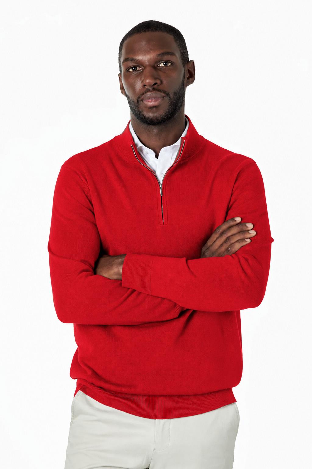 Men's Red 100% Cotton Fine Knit Quarter Zip Funnel Neck Jumper CAVANI