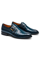 VALE Men’s Dark Blue Croc-Embossed Leather Monk Strap Shoes Sartorial Shoes