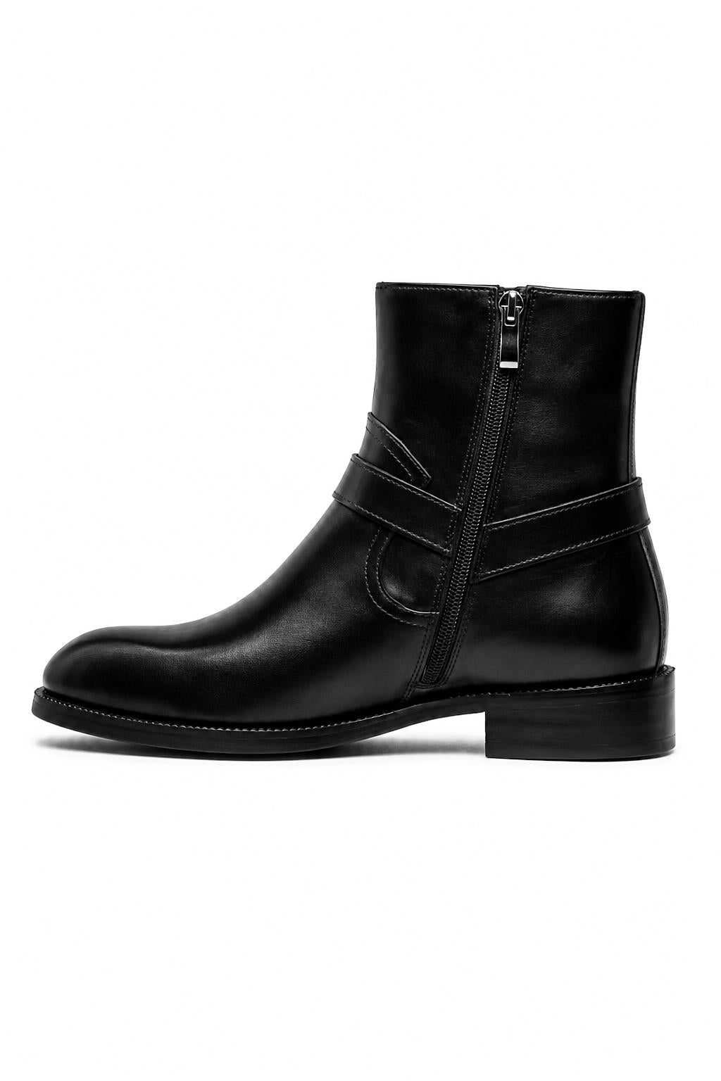DIEGO Men’s Black Polished Leather Side Zip Ankle Biker Boots Sartorial Shoes
