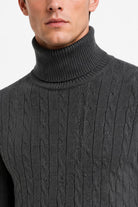 Men's Charcoal Grey 100% Cotton Fine Cable Knit Roll Neck Jumper CAVANI
