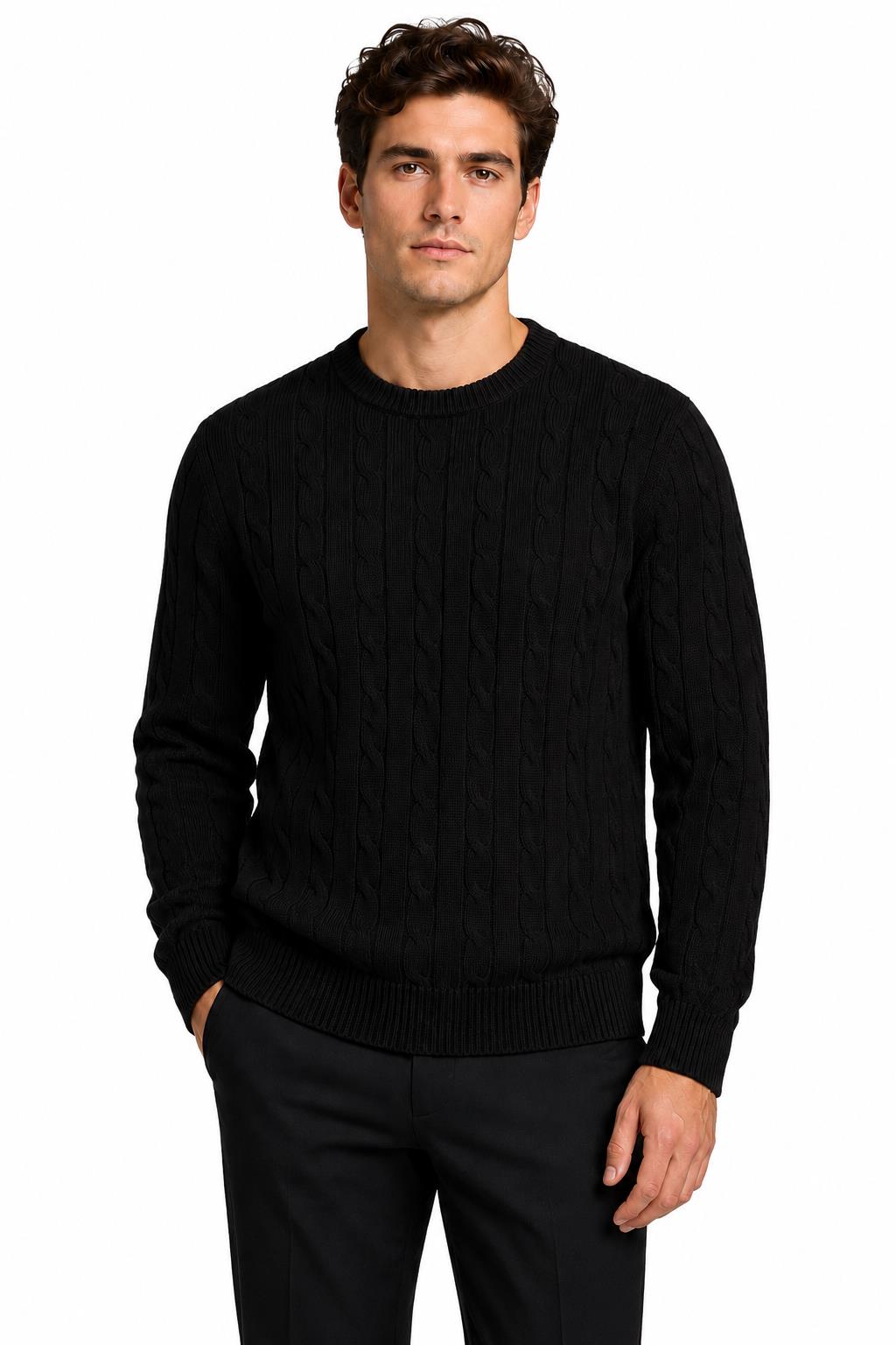 Men's Black 100% Cotton Fine Cable Knit Crew Neck Jumper CAVANI