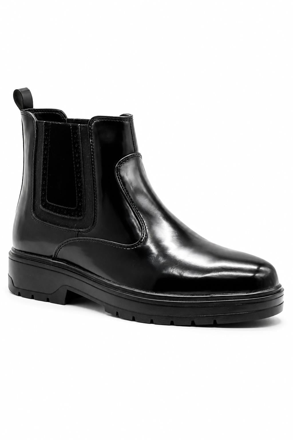 Men's Black Patent Faux Leather Retro Chelsea Boots Lug Sole Sartorial Shoes