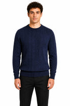 Men's Navy 100% Cotton Fine Cable Knit Crew Neck Jumper CAVANI