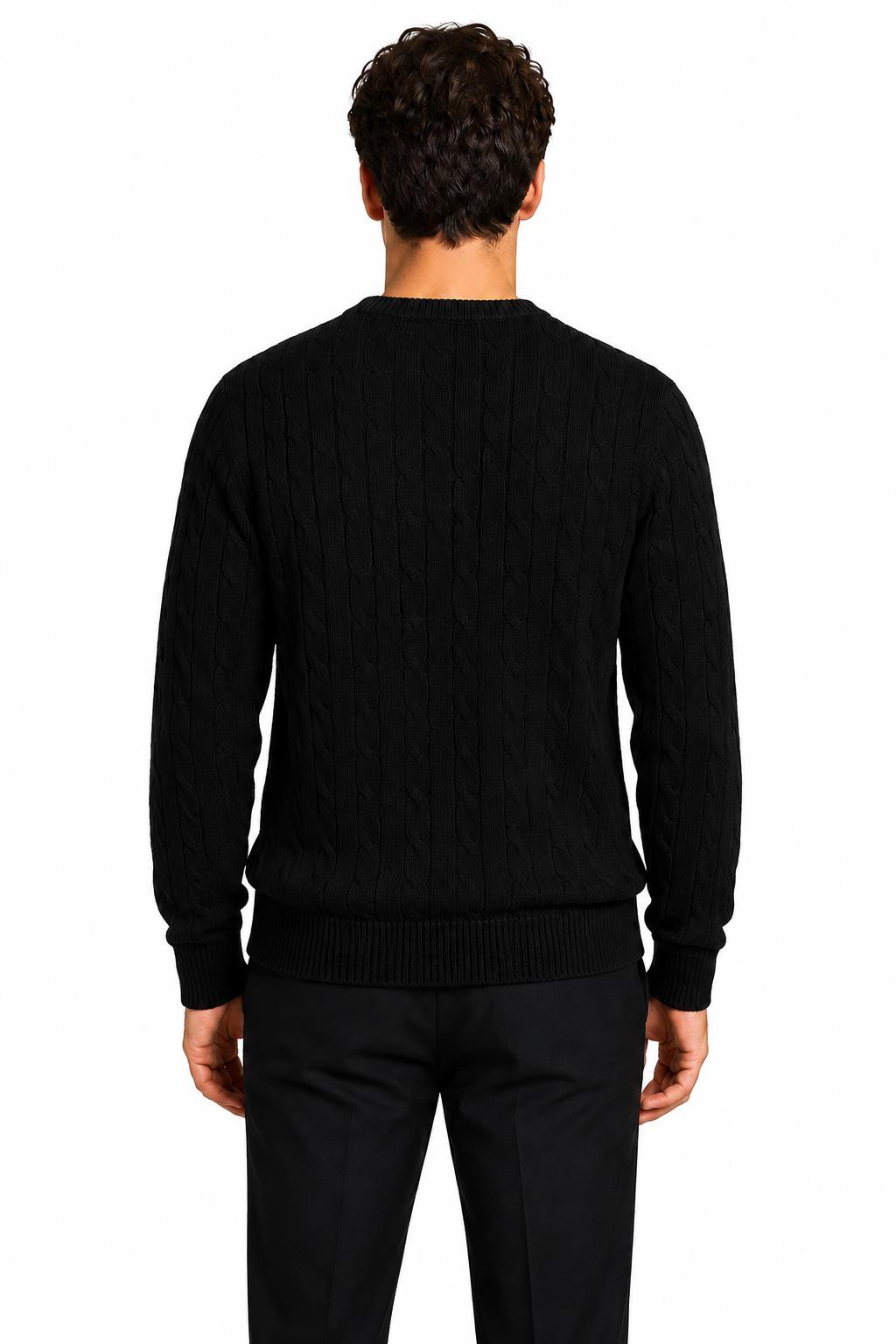 Men's Black 100% Cotton Fine Cable Knit Crew Neck Jumper CAVANI