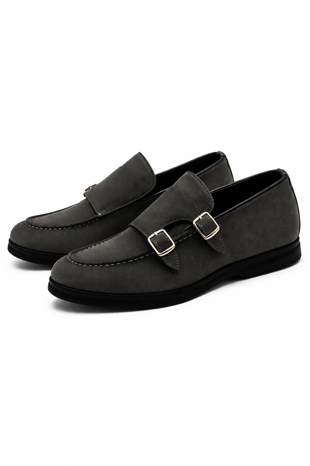 Men's Grey Faux Suede Double Monk Strap Loafers Sartorial Shoes