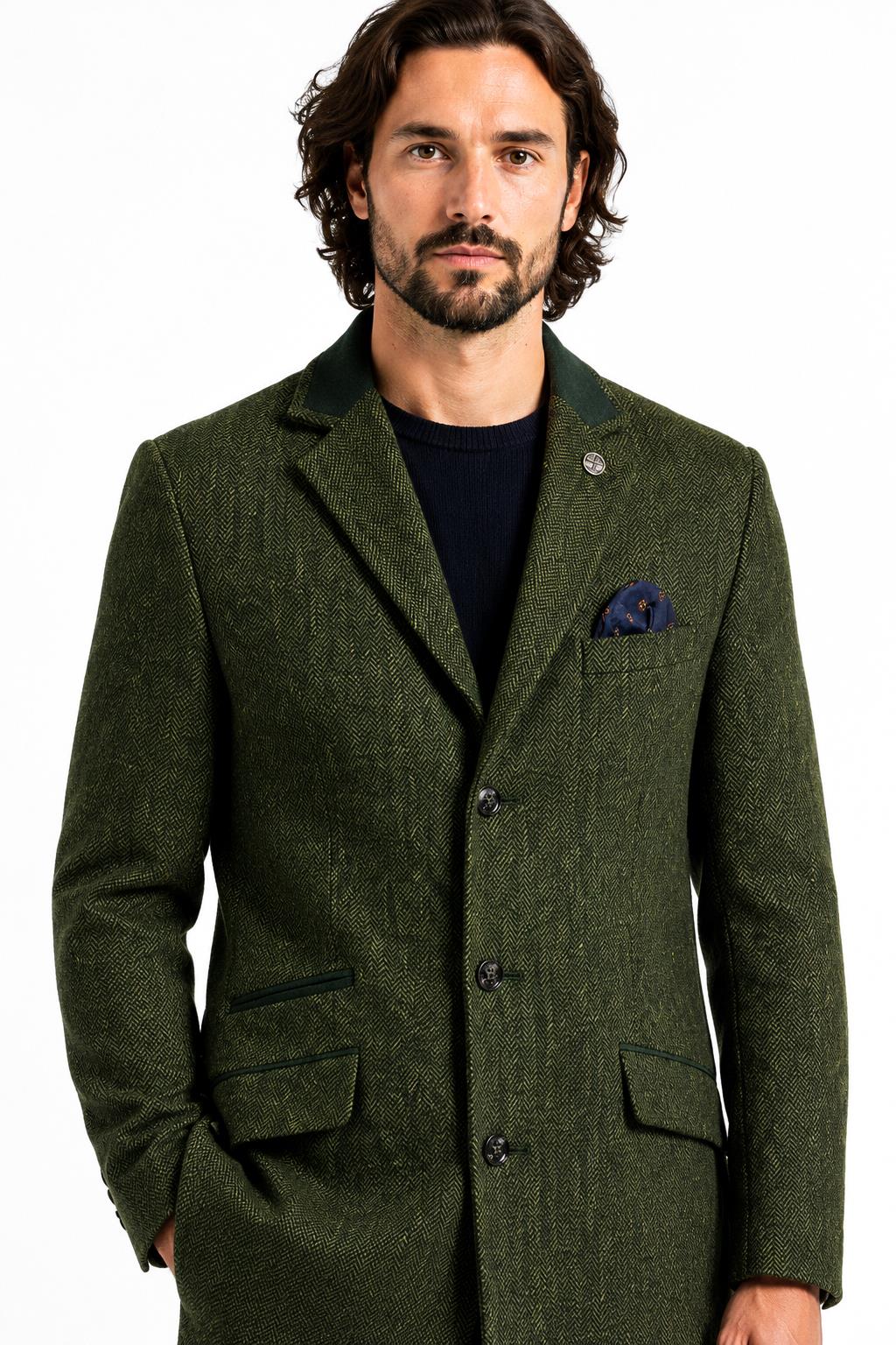 Men's Olive Green Herringbone Wool Blend Tailored Fit Overcoat CAVANI