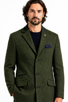 Men's Olive Green Herringbone Wool Blend Tailored Fit Overcoat CAVANI