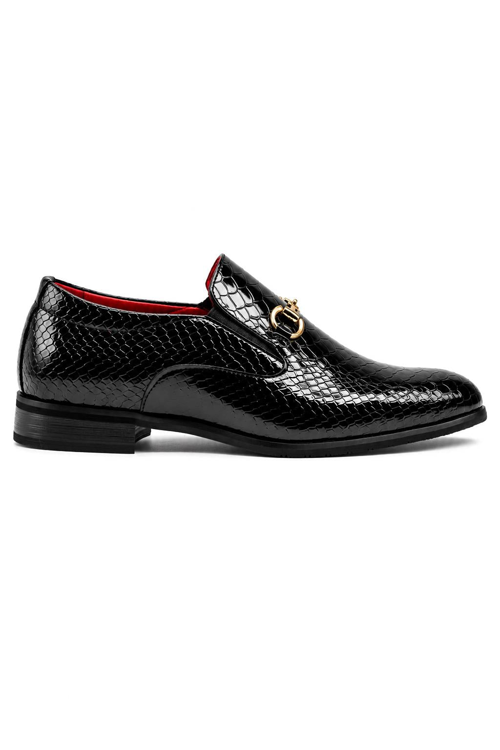 Men’s Black Patent Slip-On Loafers with Gold Snaffle Buckle Sartorial Shoes