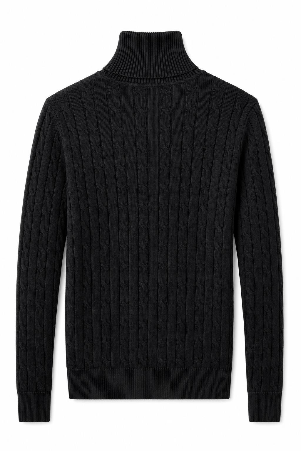 Men's Black 100% Cotton Fine Cable Knit Roll Neck Jumper CAVANI