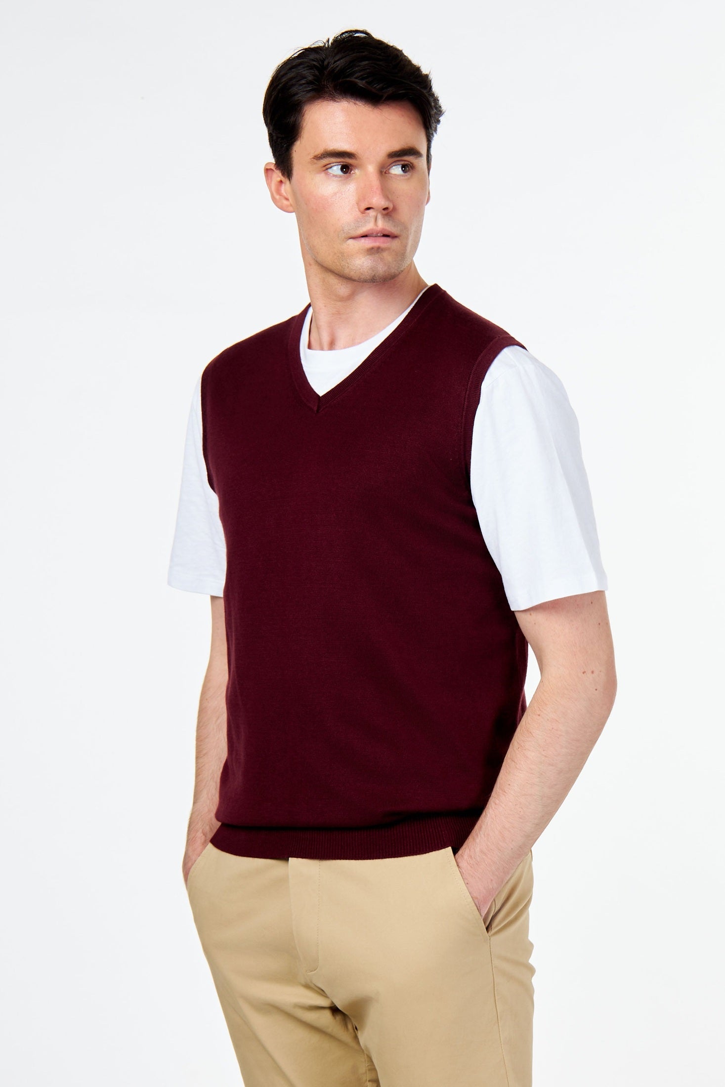 KNITTED COTTON MAROON SLEEVELESS JUMPER V-NECK VEST CAVANI