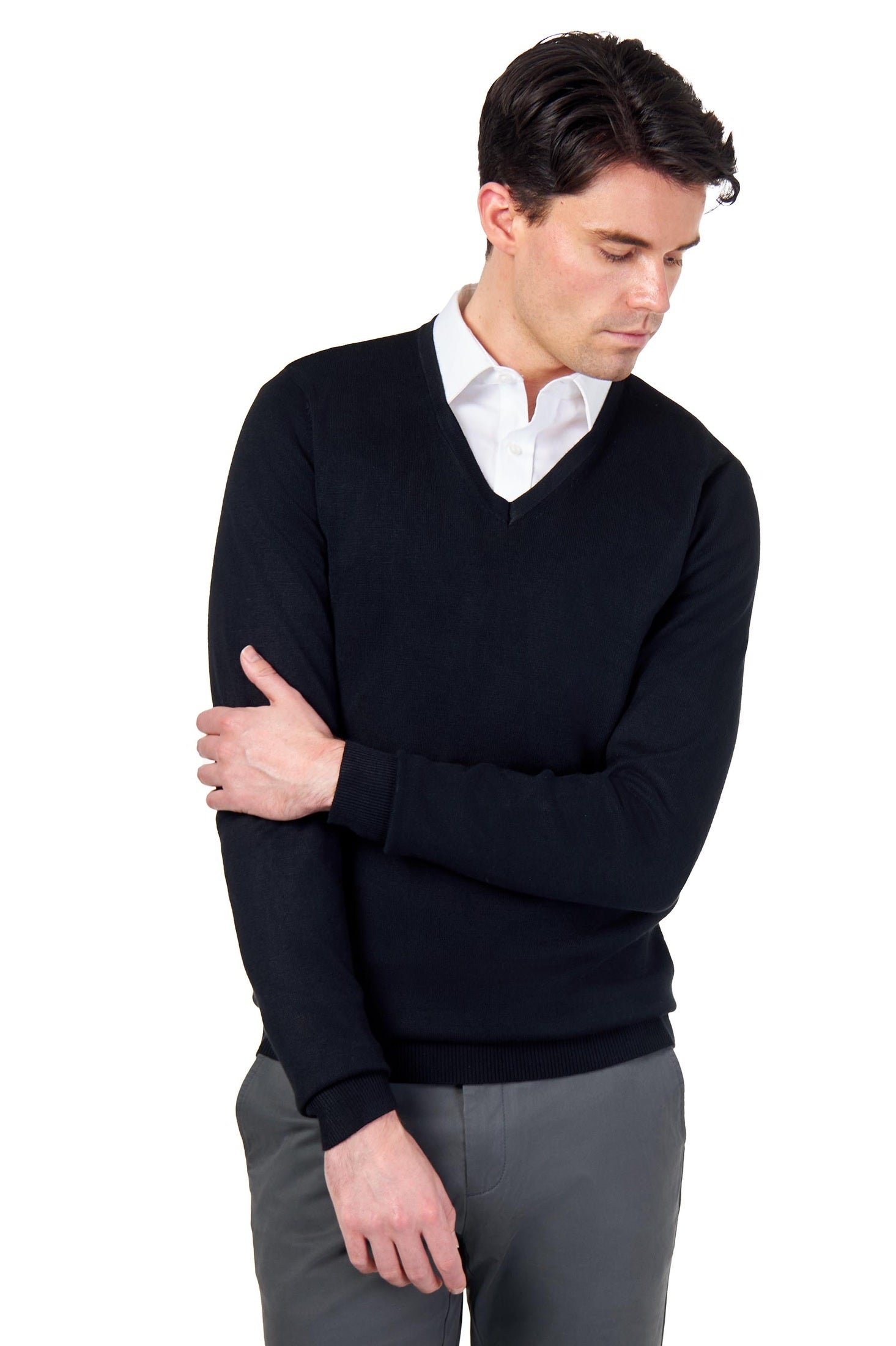 MEN’S COTTON V-NECK BLACK JUMPER FINE KNIT LIGHTWEIGHT