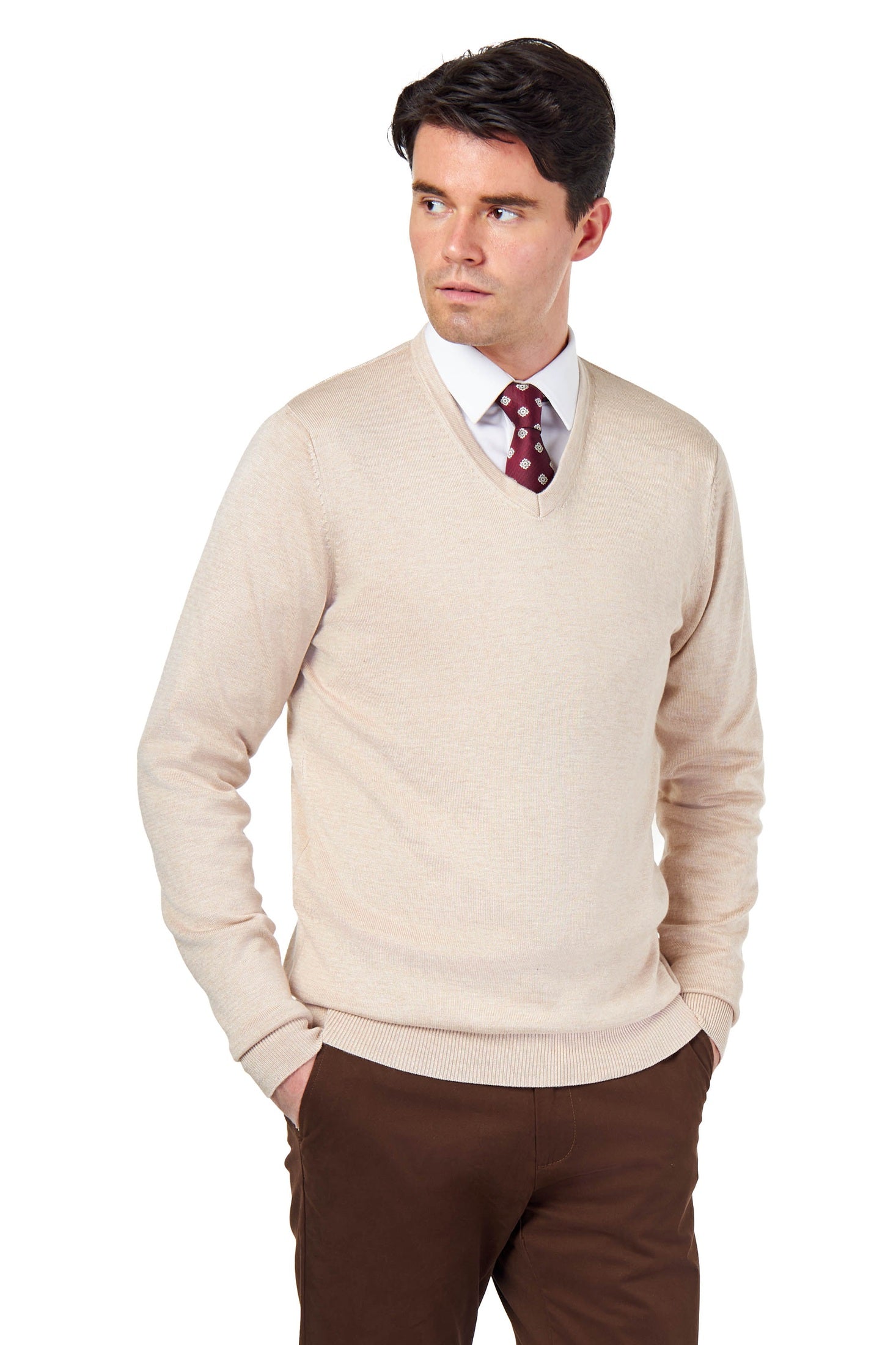 MEN’S COTTON V-NECK CREAM FINE KNIT LIGHTWEIGHT