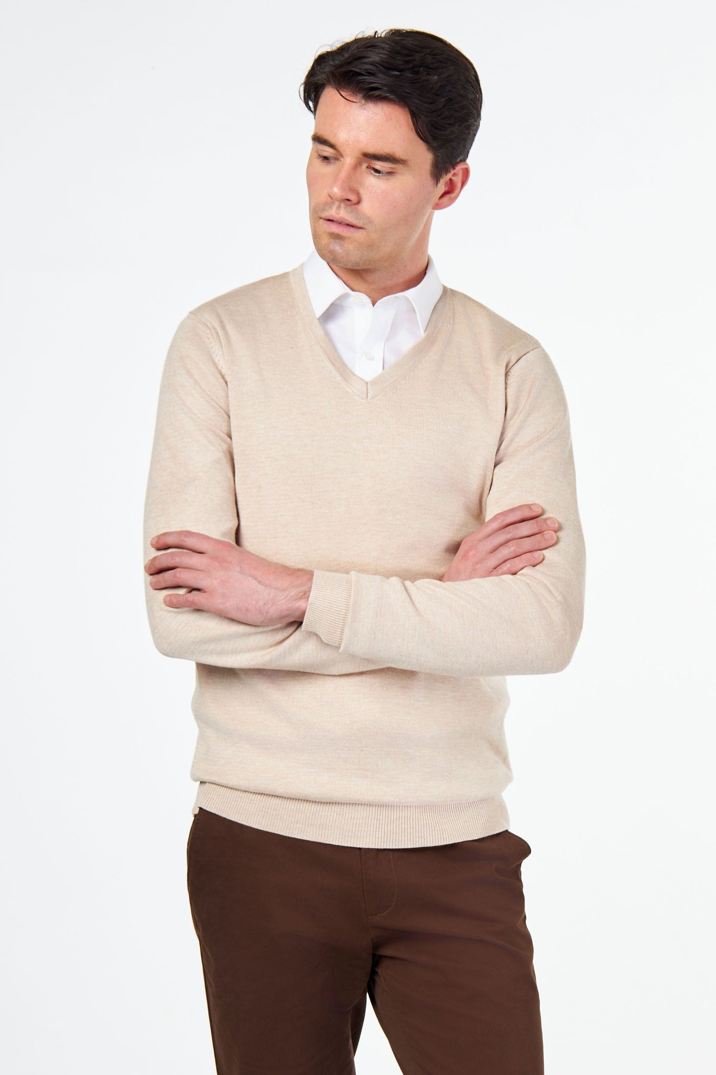 MEN’S COTTON V-NECK CREAM FINE KNIT LIGHTWEIGHT