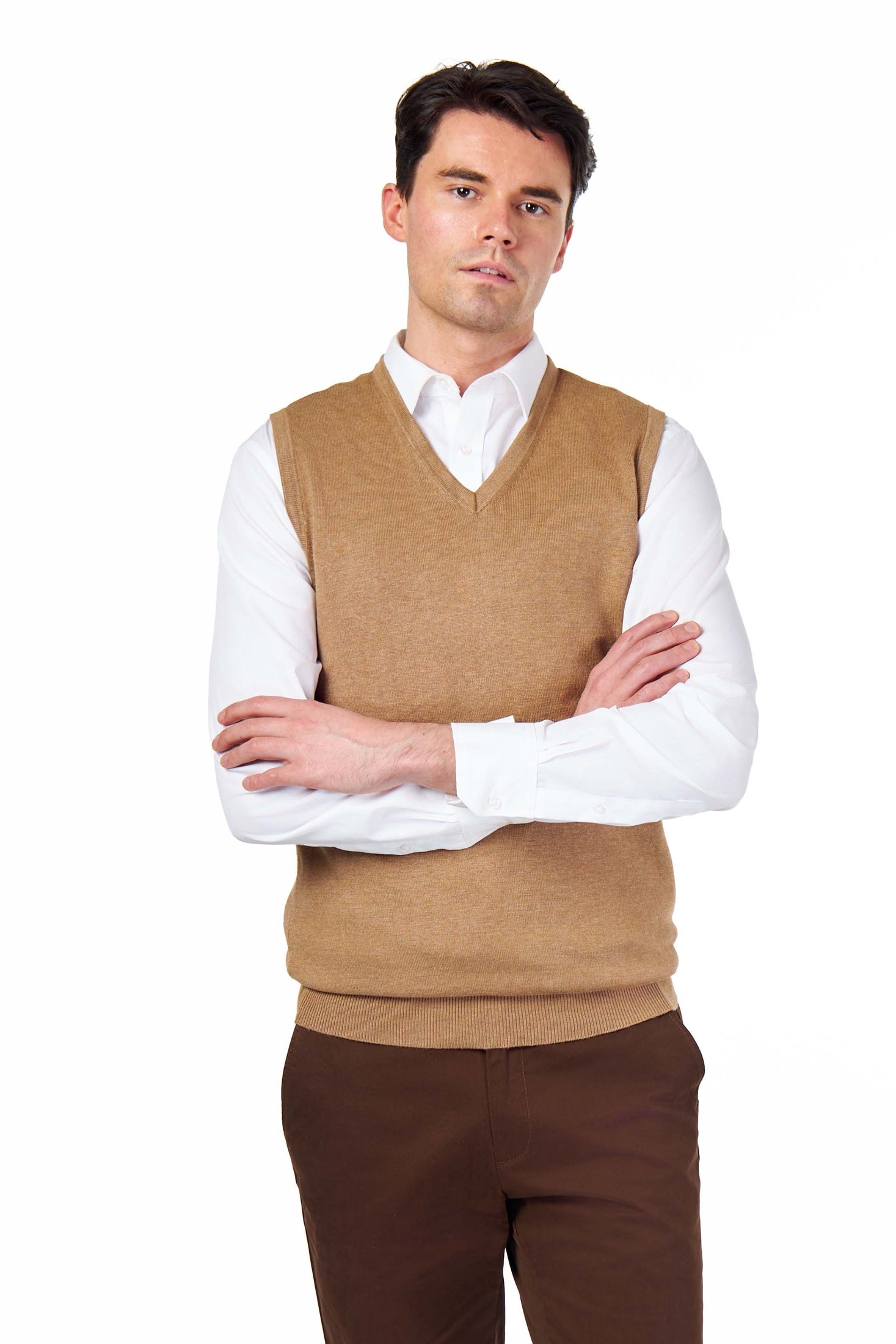 KNITTED COTTON CAMEL SLEEVELESS JUMPER V-NECK VEST CAVANI