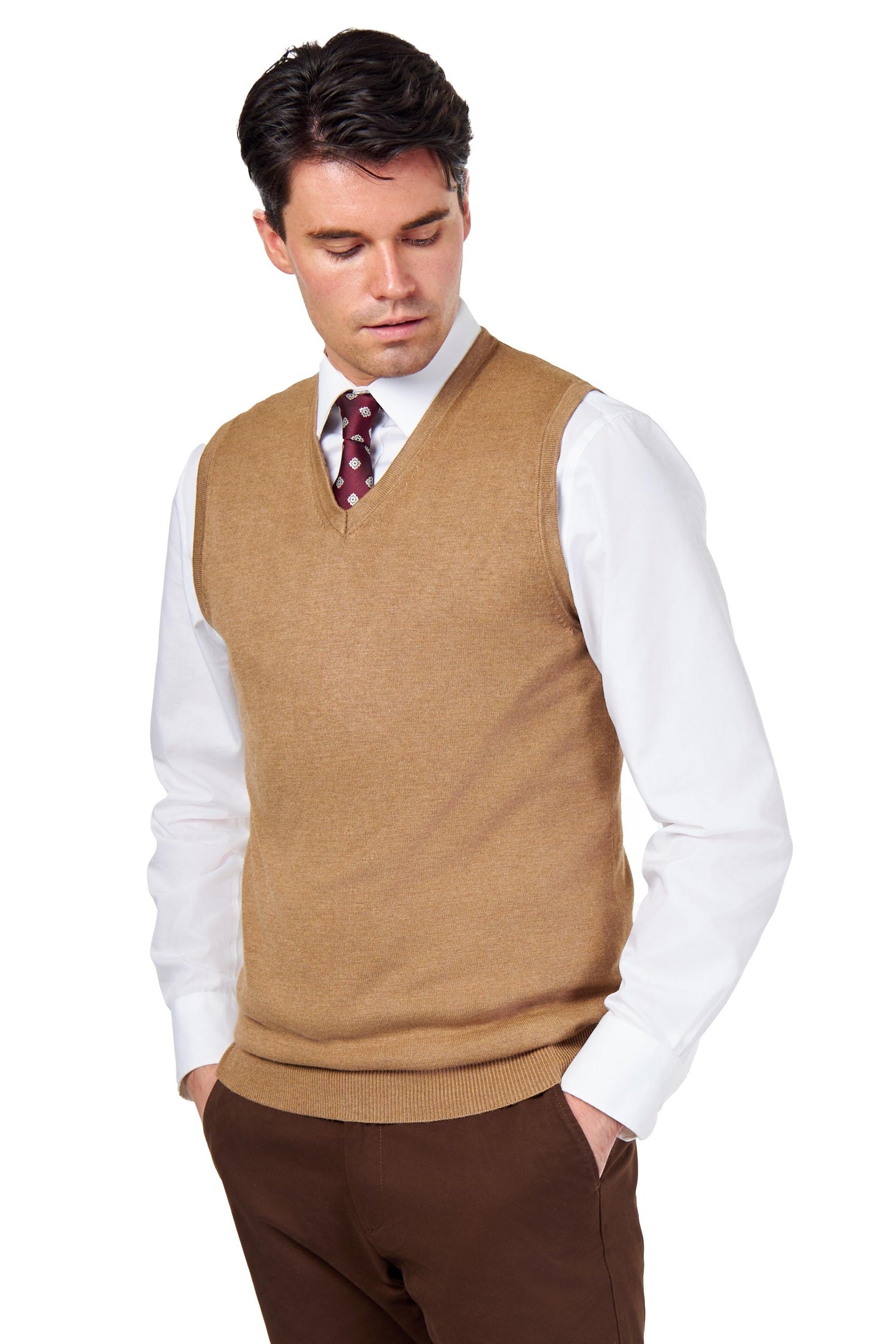 KNITTED COTTON CAMEL SLEEVELESS JUMPER V-NECK VEST CAVANI