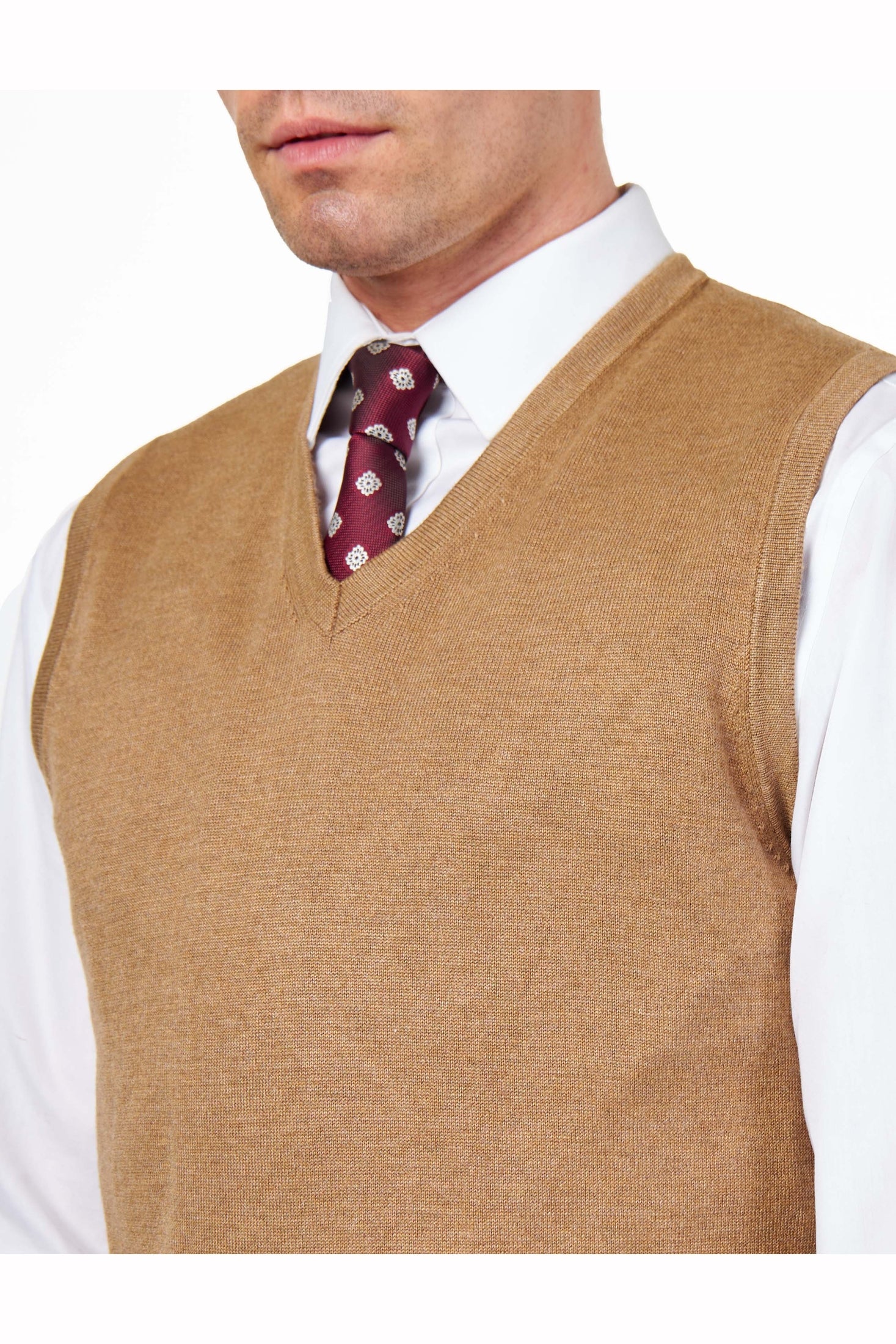 KNITTED COTTON CAMEL SLEEVELESS JUMPER V-NECK VEST CAVANI